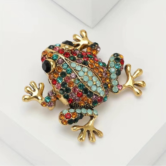 NWOT Jewelry - Jewelled Frog Brooch (Gold Tone, Blue, Red, Multicoloured, Rainbow)
